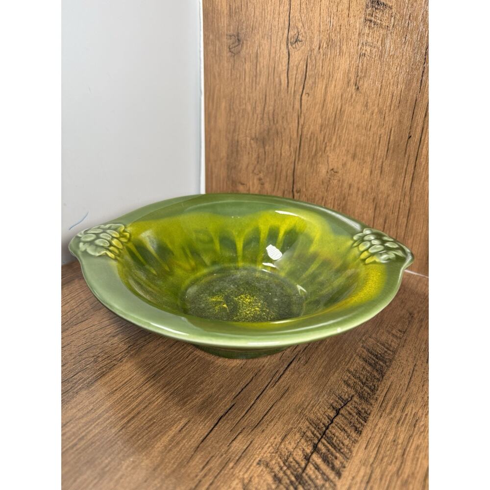 Vintage California Pottery Dish Bowl Ceramic Green Yellow Glaze